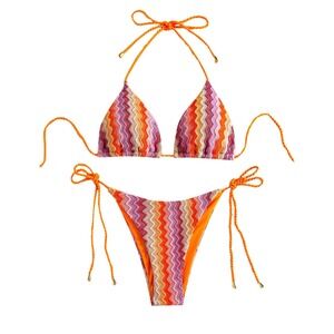 ZAFUL Womens Knitted Chevron Triangle Bikini Set Orange Pink Zigzag Side Tie L